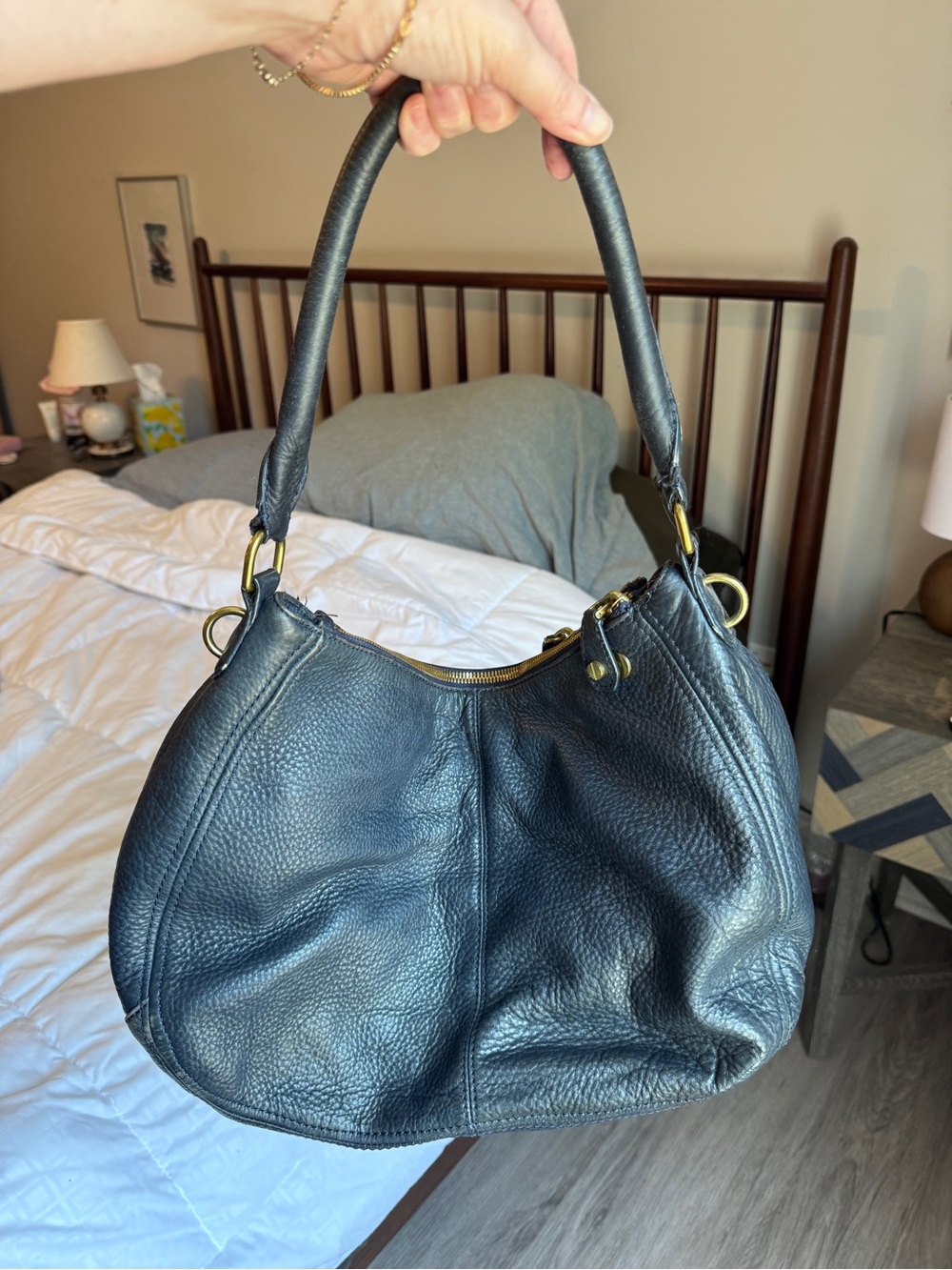 J. Crew Navy Pebbled Leather Bag with Gold Hardware